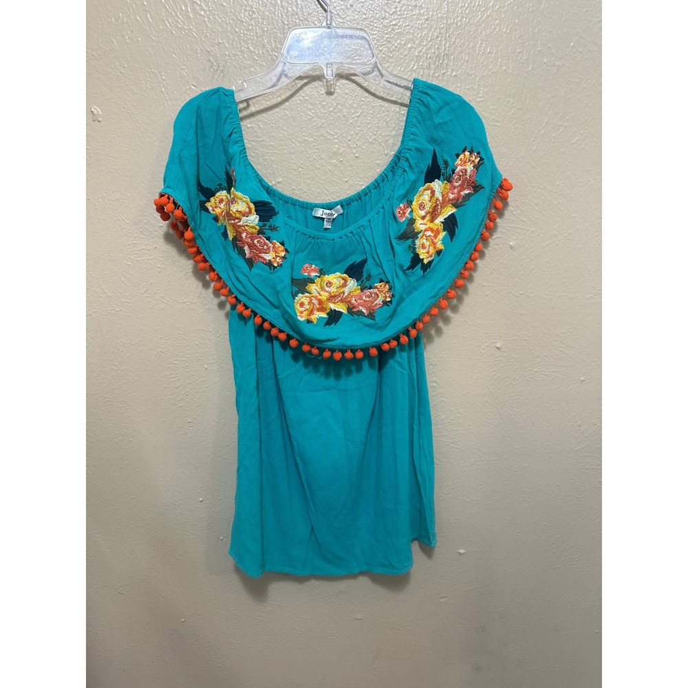 Jodifl Turquoise Embroidered Floral Off Shoulder Pom Pom Top Medium